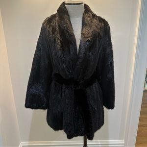 Black Genuine Fur Mid Length Coat